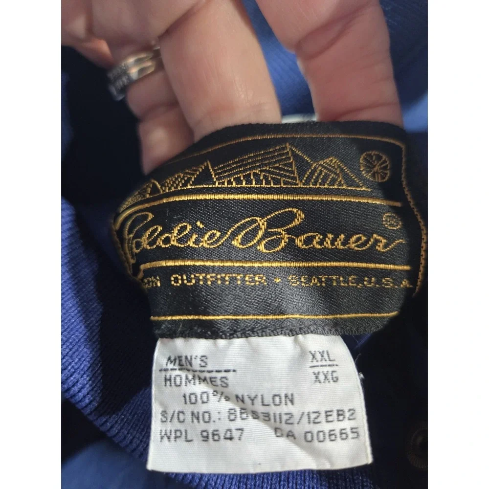 Vintage Eddie Bauer Black Label w Gold Script Nylon Windbreaker Jacket  XXL Blue